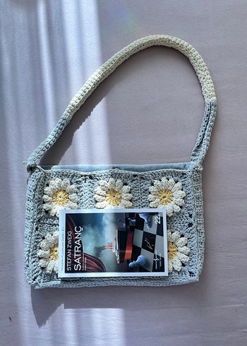 Açık Gri Çiçek Desenli Örgü Bohem Kadın Çantası - Görsel 4