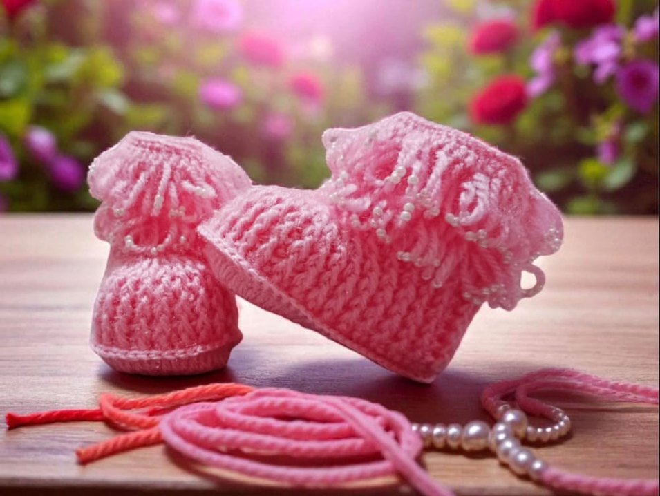 Nakışlı Örgü Pembe Kız Bebek Patik - Görsel 3