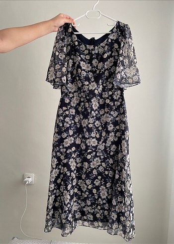 Navy Vintage Midi Elbise Çiçek Desenli