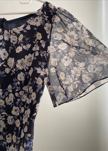 m Beden lacivert Renk Navy Vintage Midi Elbise Çiçek Desenli