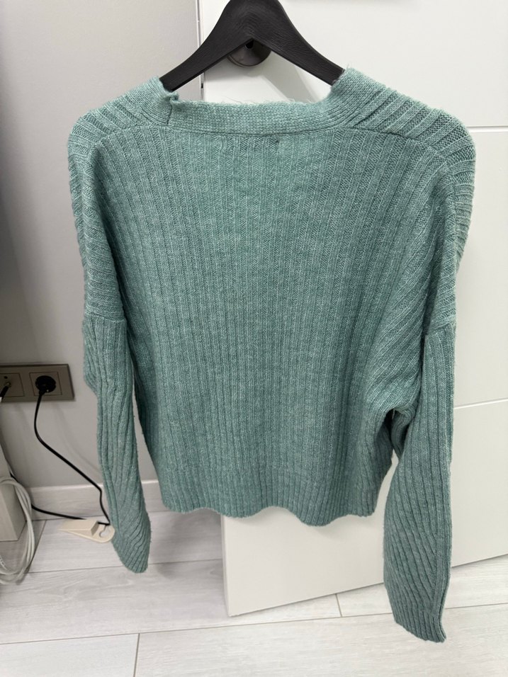 V Yaka Pastel Yeşil Triko Hırka - Görsel 4