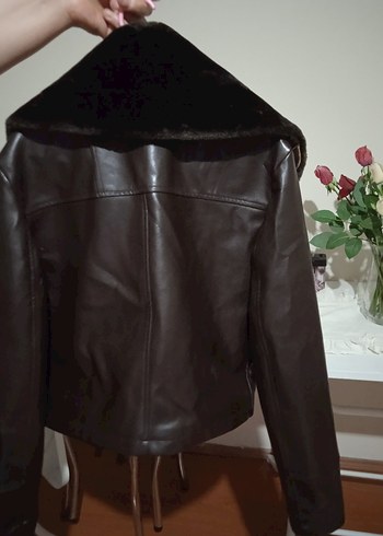 m Beden Kahverengi Kürklü Deri Kadın Biker Ceket koton marka 38 beden