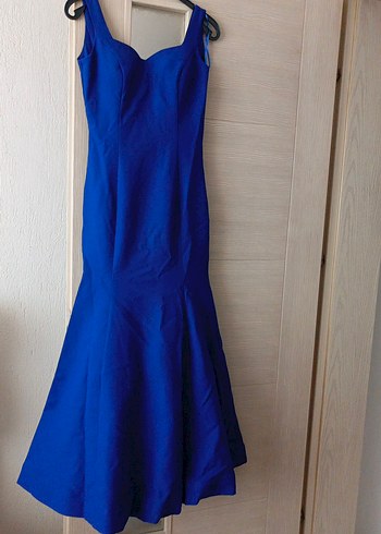 Mavi Uzun V Yaka Drapeli Abiye Elbise - Görsel 3