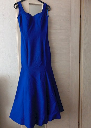 Mavi Uzun V Yaka Drapeli Abiye Elbise - Görsel 2