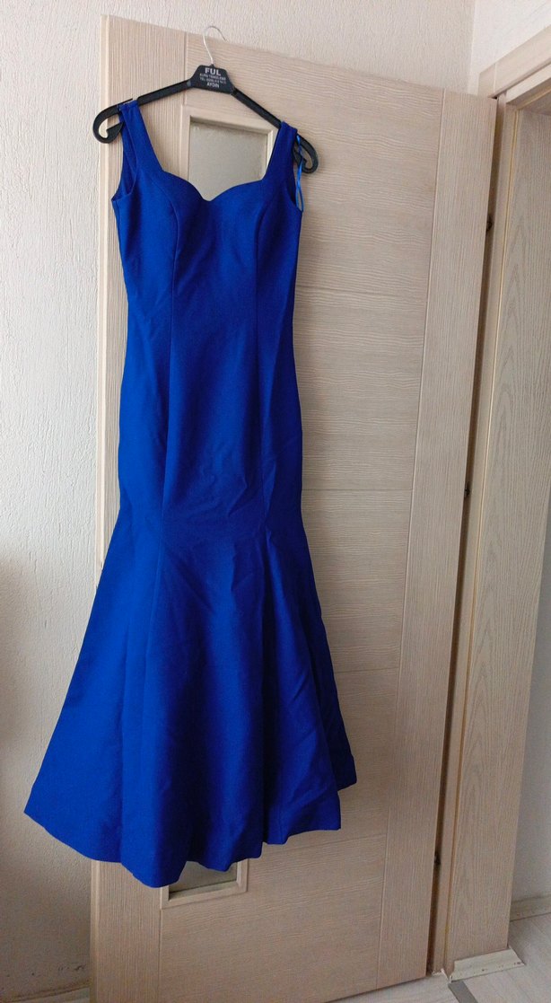 Mavi Uzun V Yaka Drapeli Abiye Elbise - Görsel 3