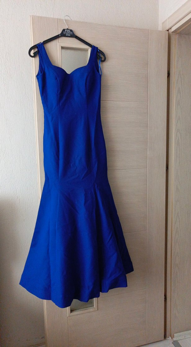 Mavi Uzun V Yaka Drapeli Abiye Elbise - Görsel 2