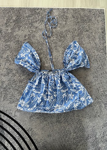 Mavi Çiçek Desenli Bohem Kız Bluzu