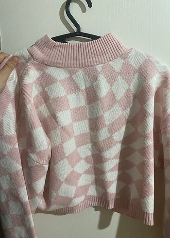 Pembe Kareli Boğazlı Örgü Kadın Kazak