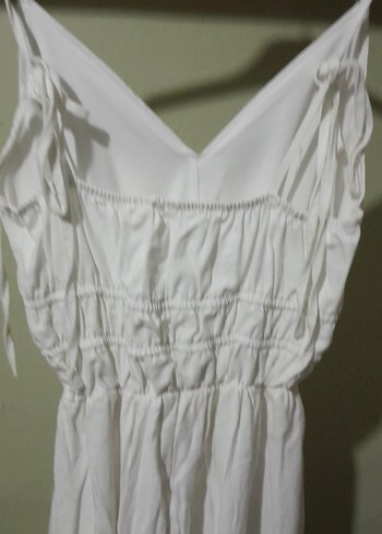 Beyaz Keten Askısız Uzun Elbise - Görsel 5