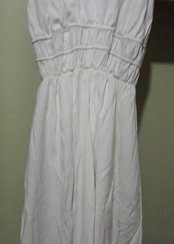 Beyaz Keten Askısız Uzun Elbise - Görsel 3