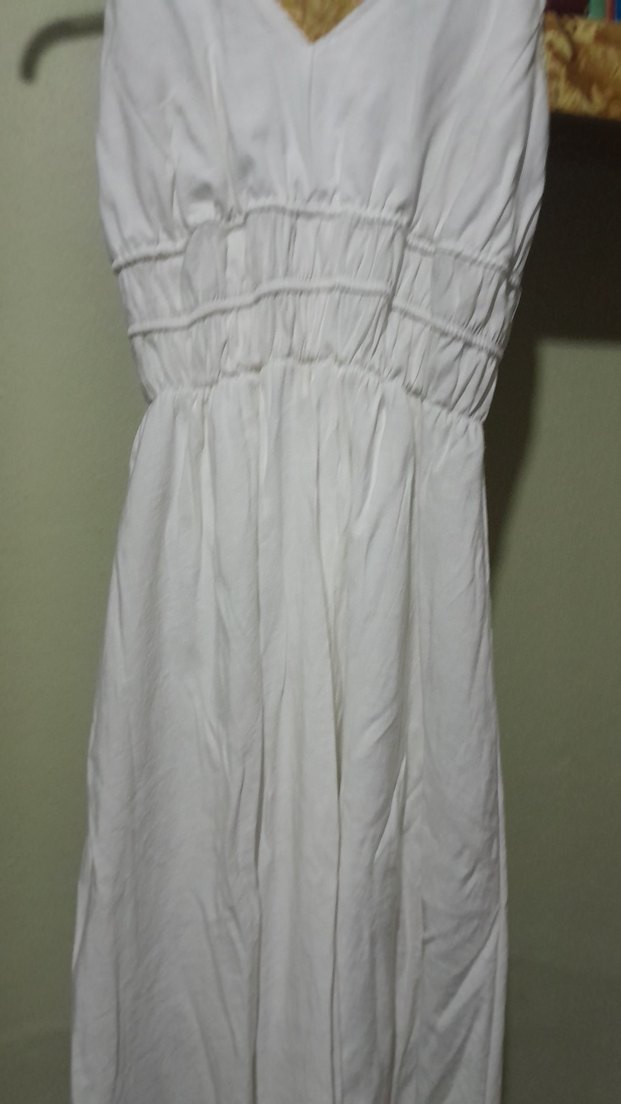 Beyaz Keten Askısız Uzun Elbise - Görsel 3