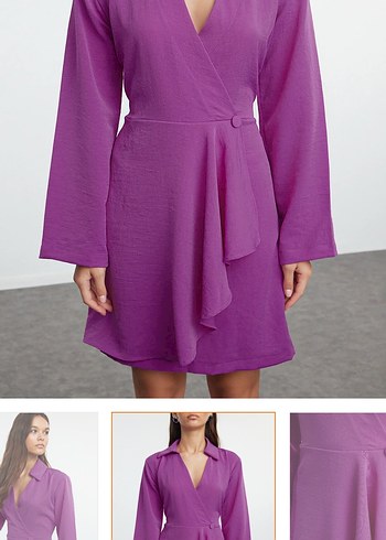 Kadın Mor Midi Salaş Uzun Kollu Elbise - Görsel 2