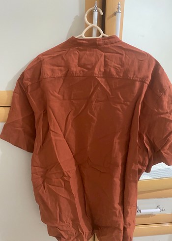 Zara Düğmeli Kahverengi Keten Kısa Kollu Gömlek