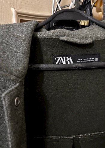 Düğmeli, gri, normal boy kadın yün ceket - Görsel 2