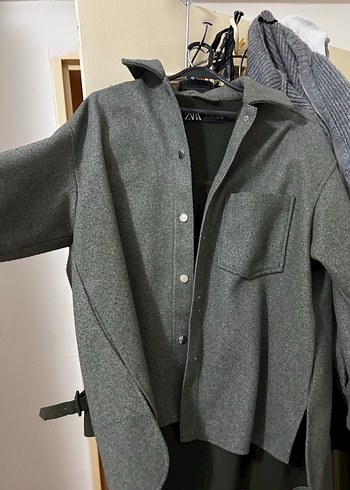 Düğmeli, gri, normal boy kadın yün ceket - Görsel 4