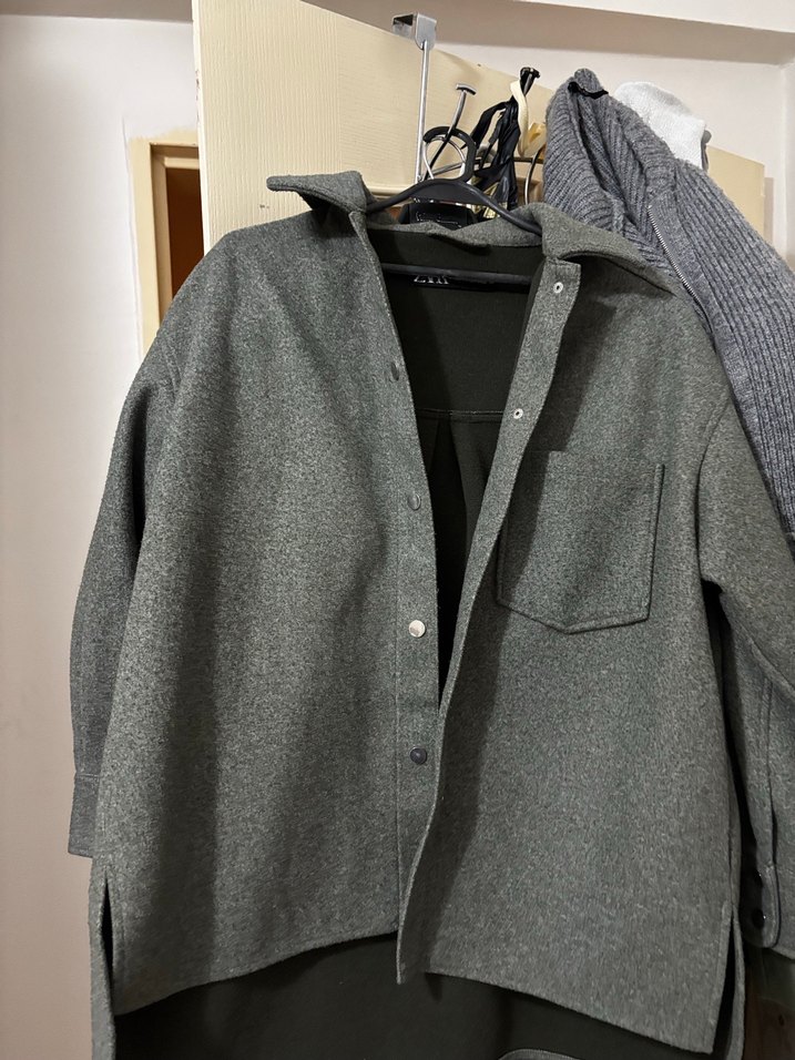 Düğmeli, gri, normal boy kadın yün ceket - Görsel 3