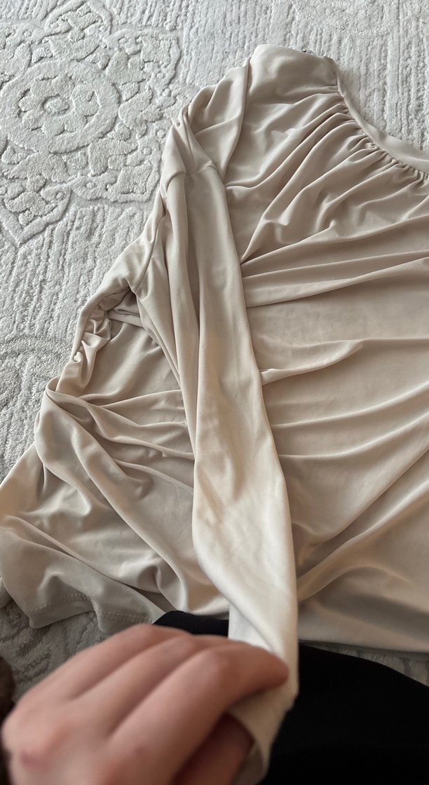 Bej Drapeli Keten Kadın Bluz - Görsel 2