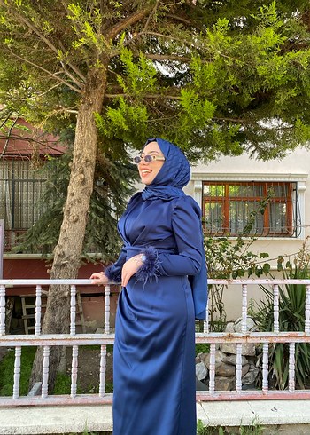 Drapeli Lacivert Uzun Kol Henna Elbise - Görsel 3