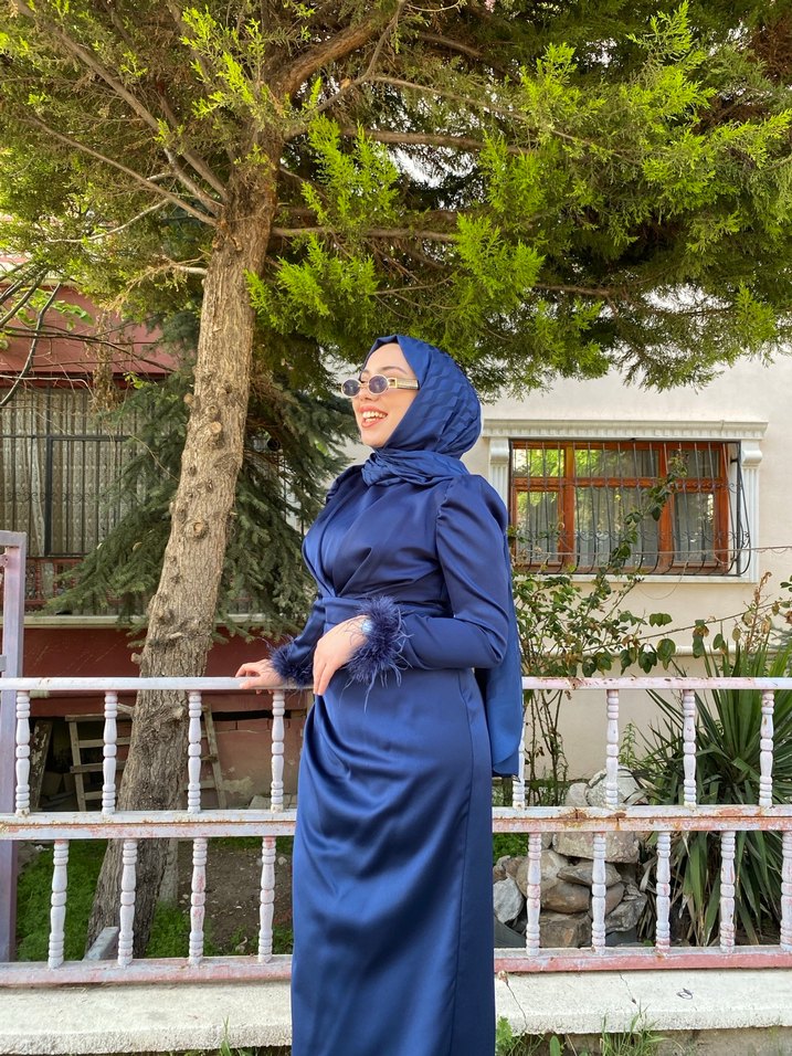 Drapeli Lacivert Uzun Kol Henna Elbise - Görsel 3