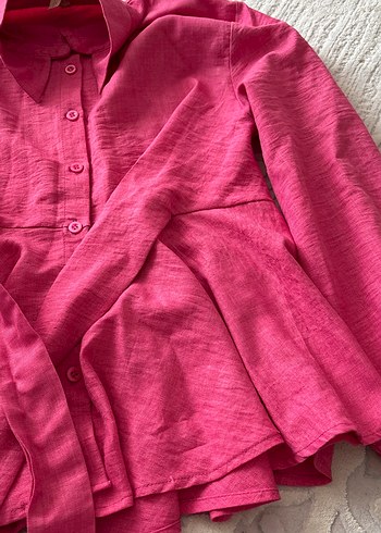 Pembe Düğmeli Keten Kadın Gömlek - Görsel 2