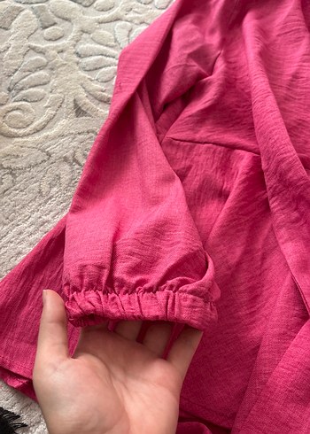 Pembe Düğmeli Keten Kadın Gömlek - Görsel 3