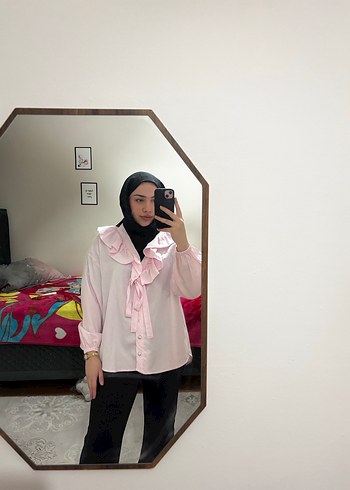 Pembe Fırfırlı Uzun Kollu Salaş Bluz - Görsel 2