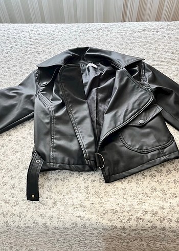 38 Beden Siyah Deri Kemerli Biker Ceket