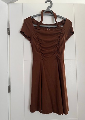 Kahverengi Drapeli Mini Elbise