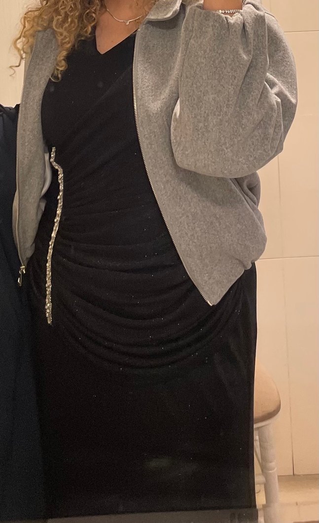 Uzun Siyah Drapeli V Yakalı Abiye Elbise - Görsel 3