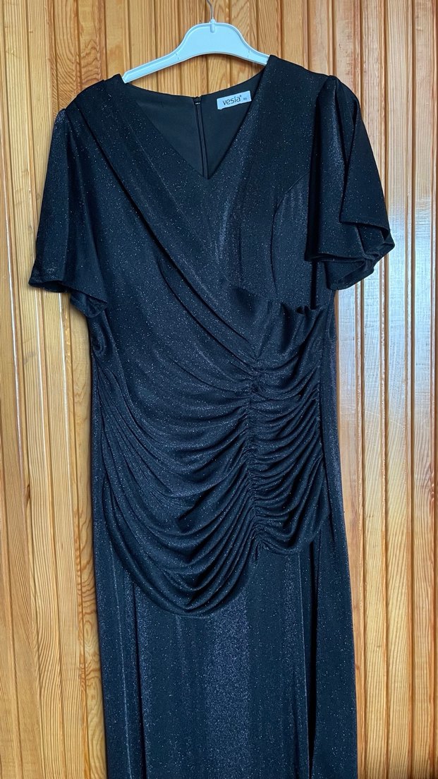 Uzun Siyah Drapeli V Yakalı Abiye Elbise - Görsel 2