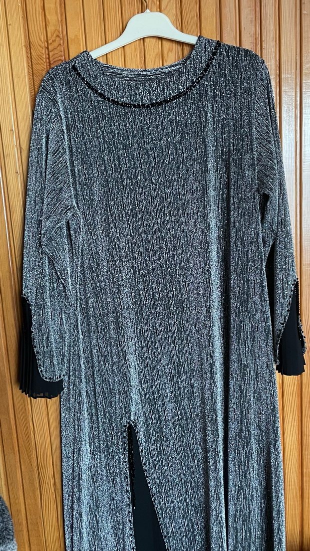 Gri Uzun Kollu Bohem Keten Triko Elbise - Görsel 2