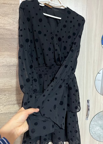 36 Beden siyah Renk Puantiye Desenli Siyah Mini Elbise