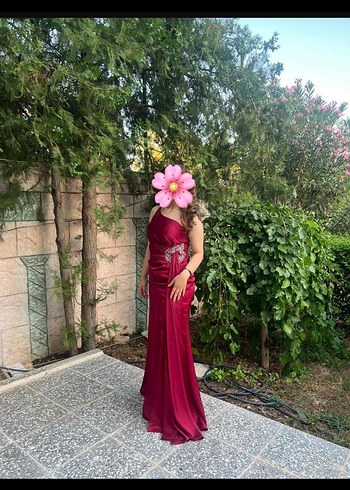 Bordo Drapeli Uzun Straplez Abiye Elbise - Görsel 3