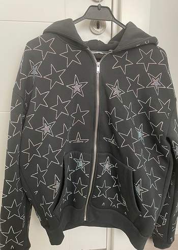 Yıldız Desenli Kapüşonlu Fermuarlı Sweatshirt