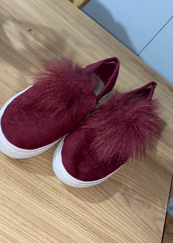 Diğer Bordo Tüylü Kadın Düz Ayakkabı