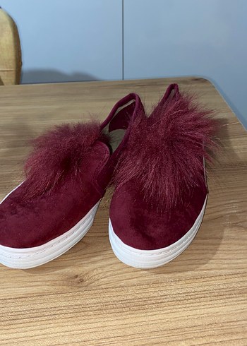 37 Beden bordo Renk Bordo Tüylü Kadın Düz Ayakkabı