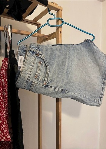 Zara Gri Mavi Batik Desenli Bol Kesim Midi Kot Pantolon