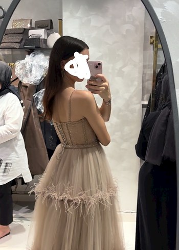 Abiye Şeffaf Detaylı Bej Midi Nişan Elbisesi 1kere giyildi
