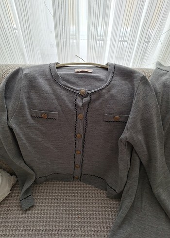 Gri Düğmeli Uzun Triko Kadın Takım - Görsel 2