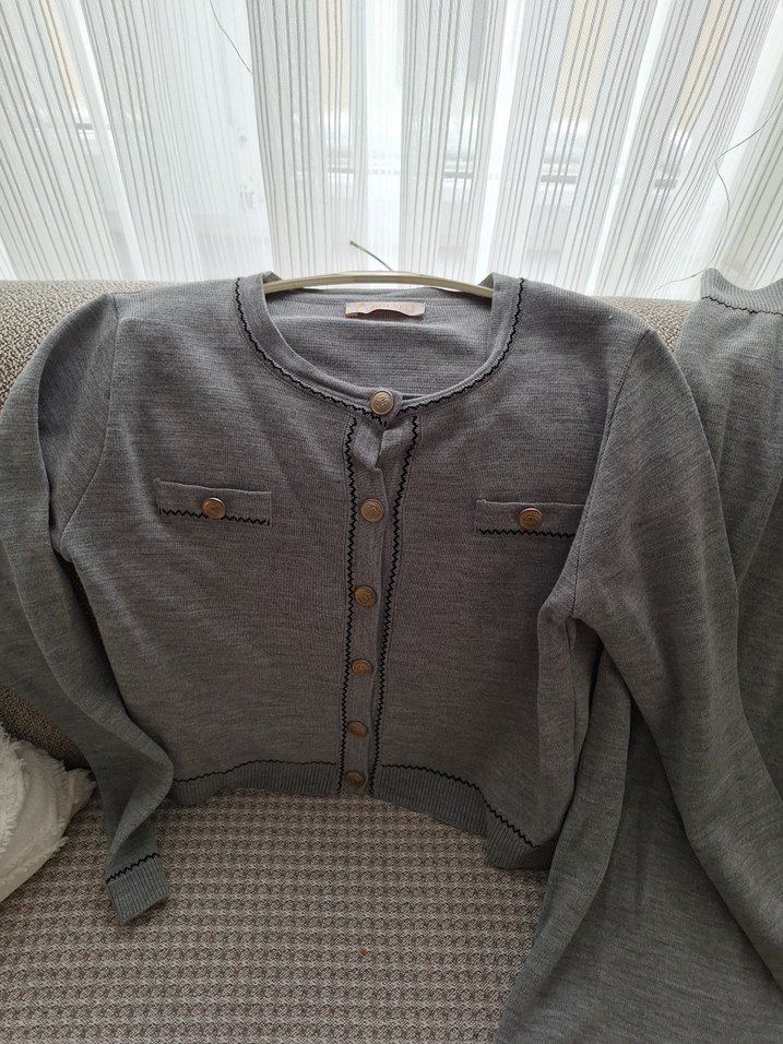 Gri Düğmeli Uzun Triko Kadın Takım - Görsel 2