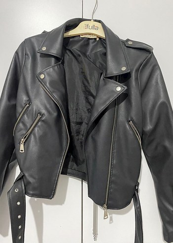 Diğer Siyah Kemerli Mini Deri Biker Ceket