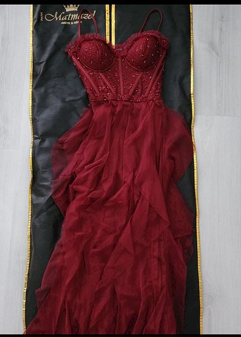 36 Beden Bordo Nakışlı Uzun Drape Detaylı Abiye Elbise