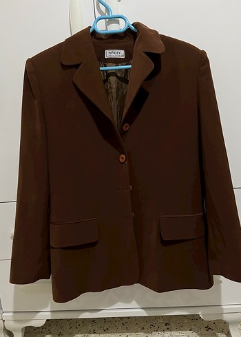 Kahverengi Süet Düğmeli Kadın Blazer Ceket ve etek