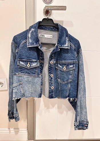 Kadın Mavi Mini Bağlama Desenli Denim Ceket