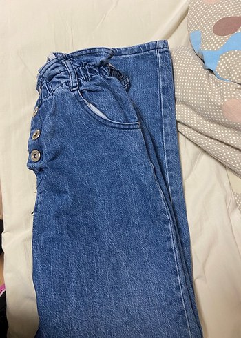 Düğmeli Bol Kesim Mavi Midi Kot Pantolon