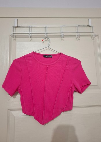 Kadın pembe kısa kollu crop tshirt
