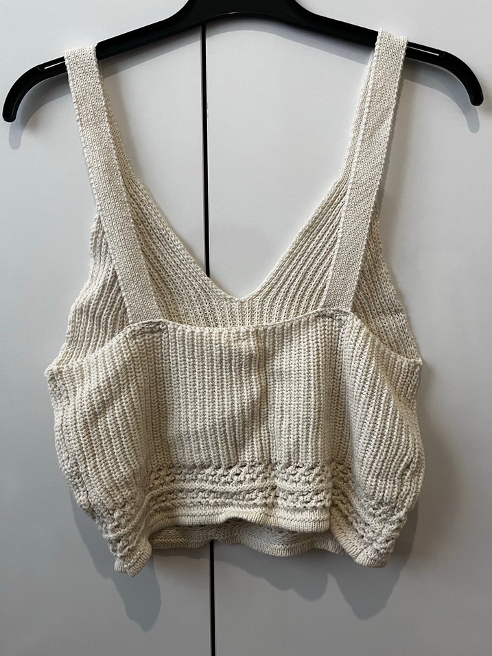 Bej V Yaka Örgü Kolsuz Mini Büstiyer - Görsel 2