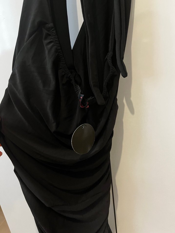 Siyah Drapeli V Yaka Uzun Abiye Elbise - Görsel 4