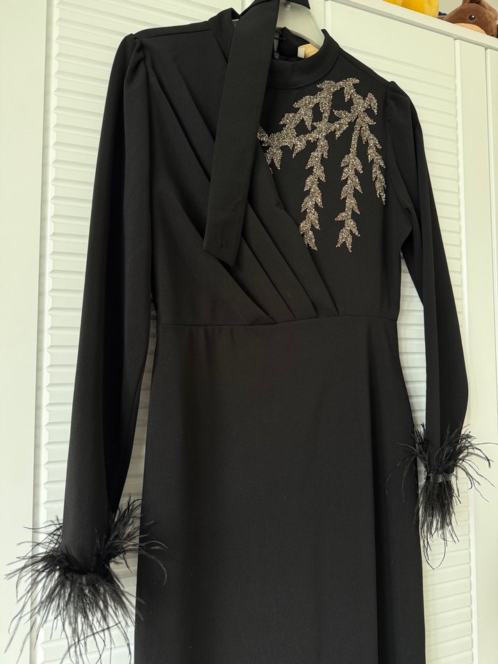 Siyah Uzun Kollu Nakışlı Kadın Elbise - Görsel 2