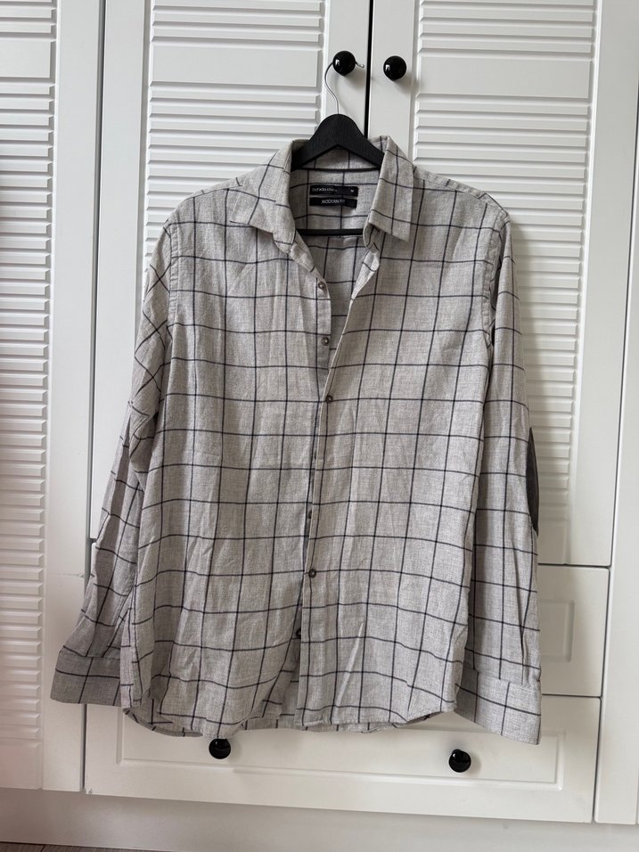 Gri Kareli Uzun Kollu Keten Gömlek - Görsel 2